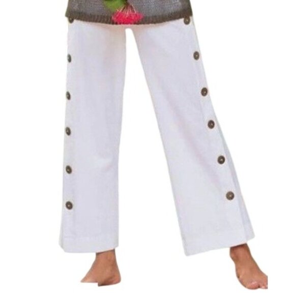 Soft Surroundings Pants - Soft Surroundings Womens S Newport Beach Pants White Wood Buttons Crop Wide Leg